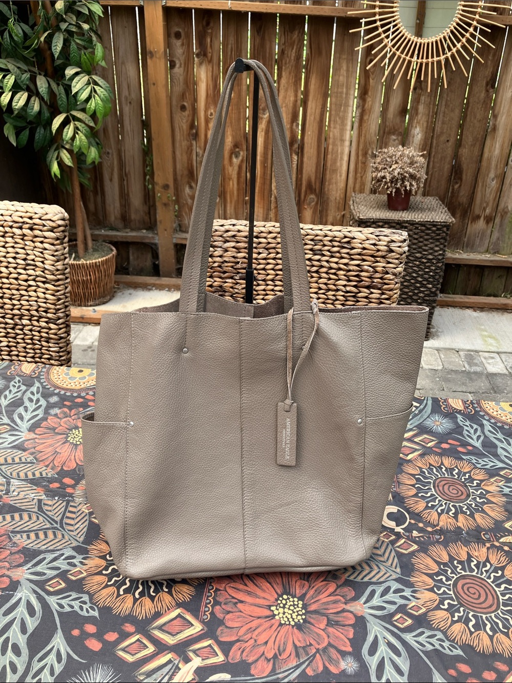 American Eagle Made in Italy Large Pebbled Leather Mushroom Gray Shopper Tote